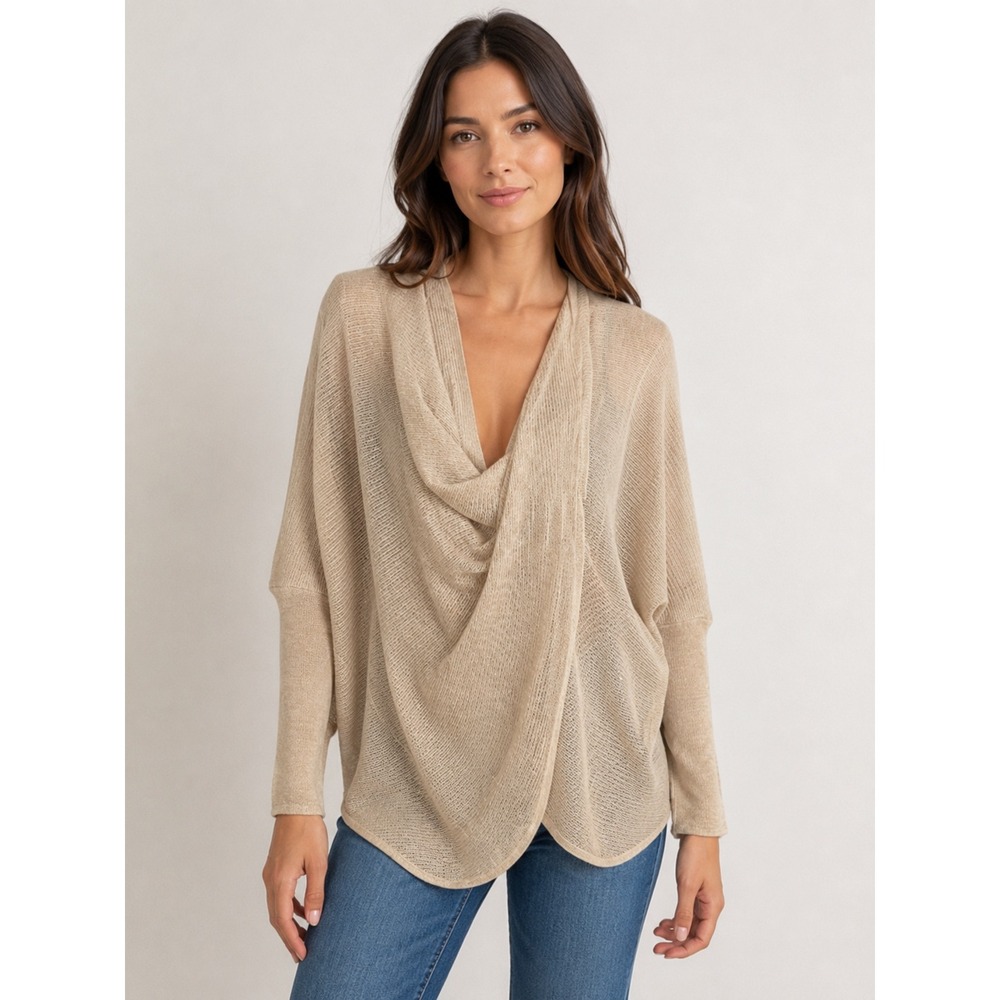 AllSaints Bishi Cowl Neck Mesh Top Womens Medium Beige Sheer‎ Long Sleeve